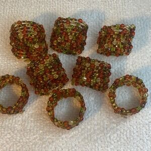 Set of 8 Beaded Napkin Rings Amber Green Gold Autumn Fall Thanksgiving Boho